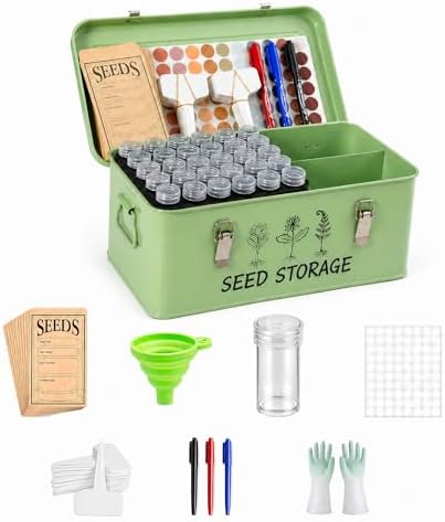 Seed Storage Box – Metal Seed Packet Organizer with Garden String and Bamboo Plant Labels. Seed Container Storage delivering complete Seed Saving Organization for every Garden Lover.