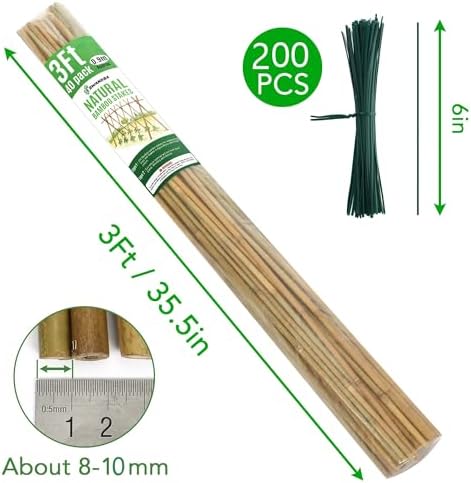 SWANGSA 40 Pack Bamboo Stakes for Plant 3 Feet,Bamboo Sticks Plant Support Garden Stakes Poles with 200pcs Twist Ties for Tomatoes, Beans, Flowers, Potted Plants, Indoor and Outdoor Climbing Plants