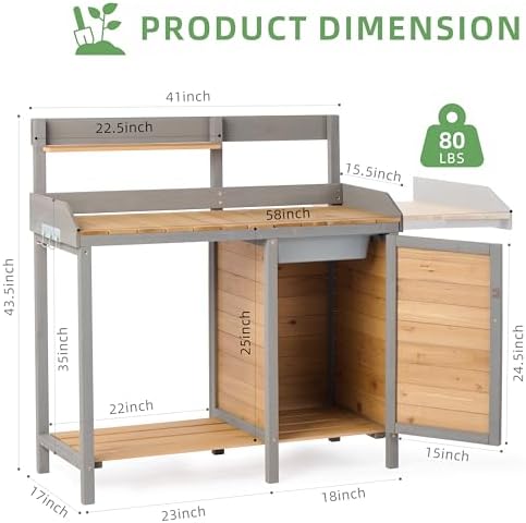 Outdoor Potting Bench with Sink, Wood Garden Workstation with Cabinet