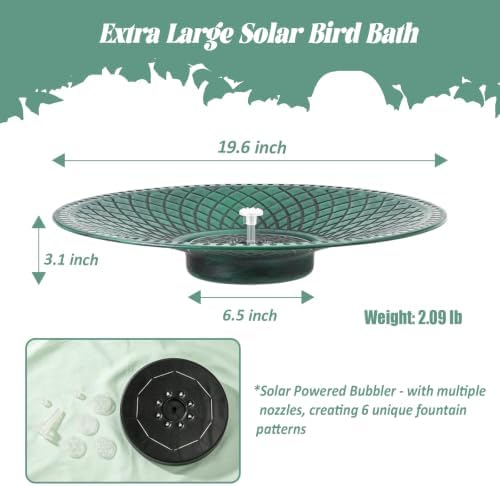 19.6" Metal Bird Bath with Solar Fountain, LED & Battery Large Birdbath