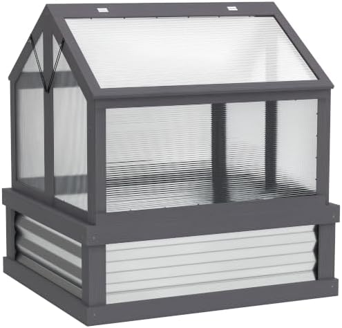 Outsunny Wooden Raised Garden Bed with Polycarbonate Greenhouse, Gray