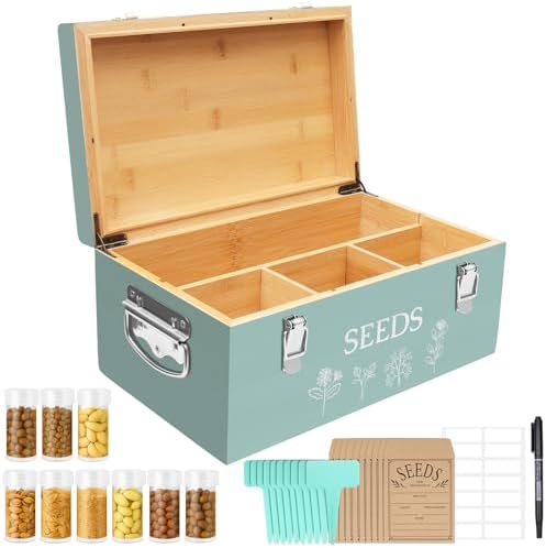 Large Bamboo Wood Seed Storage Organizer Box with Lid, Double-Layer Seal Design Seed Saving Box with 304 Stainless Steel Safety Lock, Handles, Extra Seed Envelopes and Labels, Great Gifts for Gardener
