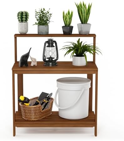 Furinno TIOMAN Potting Bench with Storage, Outdoor Potting Bench Table, Garden Workstation, with Shelves for Gardening, Potting, Planting, Light Wood