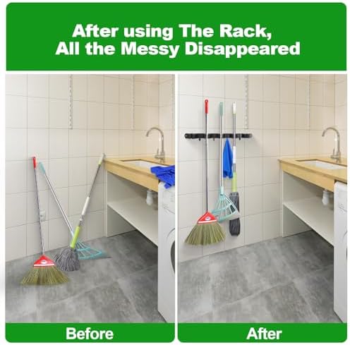 voze 5 Racks and 4 Hooks Mop and Broom Holder Wall Mount, Self Adhesive Heavy Duty Broom Hanger Organizer Storage Tool Racks for Kitchen Garden Laundry Garage Black