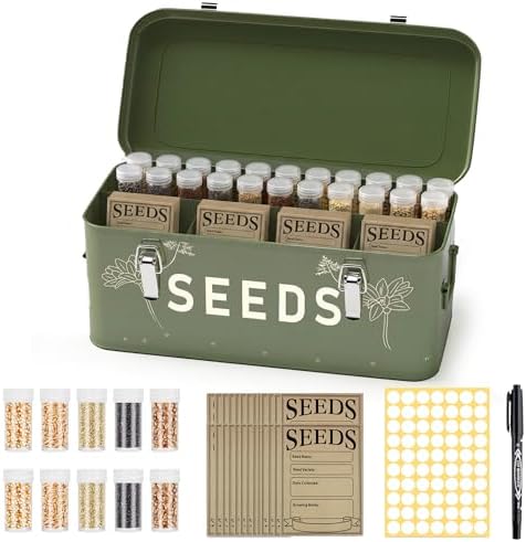 Metal Seed Storage Organizer Box with 30 Bottles, 4-Compartment