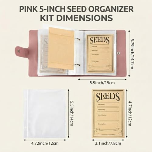 Seed Storage Organizer Binder, Efficient Seed Packet Organizer with 50 Pack Seed Envelopes, PU Garden Seed Holder Book, Seed Binder for Garden Planner, Flower Seed Keeper (Pink)