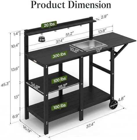 YEFU Potting Bench with Sink, All-Weather Resistant,Black