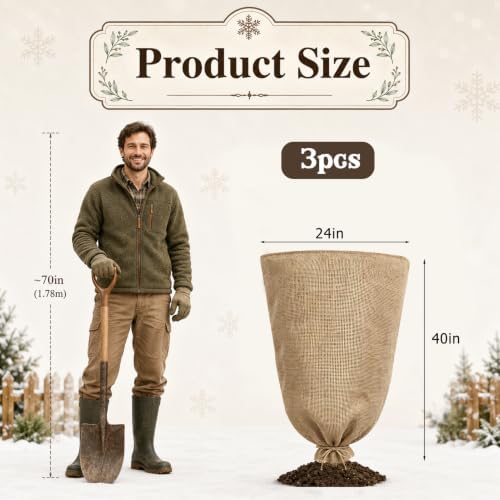 3 Pack 40'' x 24'' Reusable Warm Burlap Winter Plant Cover Bags with Drawstring Burlap Plant Covers Freeze Protection Large Plant Frost Cloth Cold Freeze Blanket Protecting Fruit Tree Potted Plants