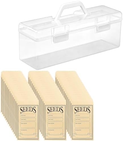 Seed Storage Organizer Box, Clear Plastic with Handle, 200 Seed Envelopes, 50 Fruit Vegetable Stickers, Portable Container for Plant Flower Vegetable Garden Lovers Gift