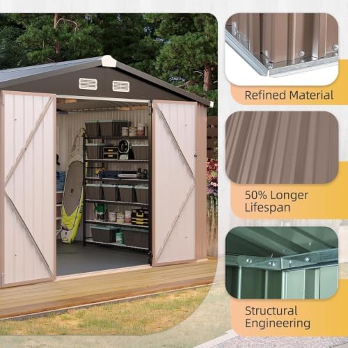 Aoxun 10x8FT Shed with Floor Galvanized Steel Outdoor Storage Shed (Brown)