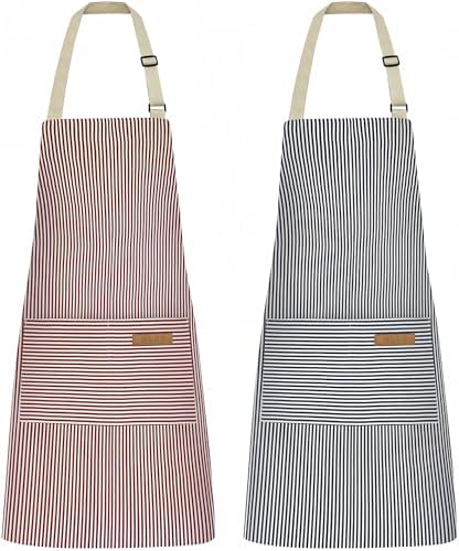 2 Pack Kitchen Cooking Aprons, Adjustable Bib Soft Chef Apron with 2 Pockets for Men Women (Blue Pinstripes/Pink Pinstripes)