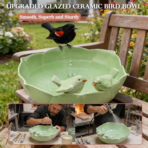 Glazed Ceramic Bird Bath Bowl for Outdoor Ground, UV/Frost-Resistant