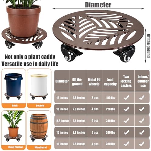 3-Pack Large Metal Plant Caddy with Wheels 13 Inches Heavy-duty Rolling Plant Stands with Casters Wheeled Flower Pot Mover Rollers Rust-proof Iron Planter Dolly Coasters for Indoor Outdoor Use