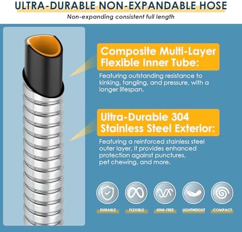 25 FT Stainless Steel Garden Hose with 10-Function Spray Nozzle, Kink-Free Flexible Metal Water Hose, Solid Brass 3/4'' Connectors, Heavy Duty, Durable, Leak-Proof, Lightweight, Tangle-Free