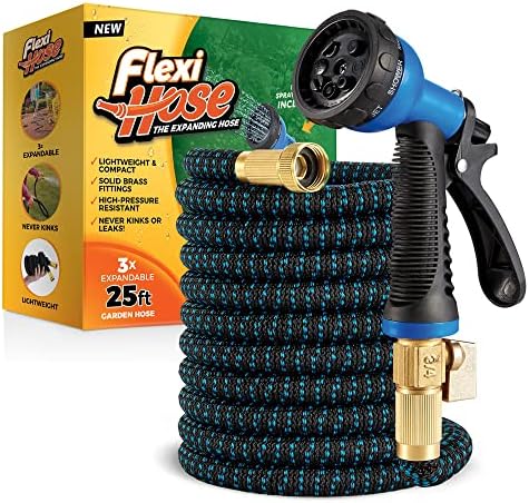 Flexi Hose Expandable Garden Hose with 8 Function Nozzle, 25FT, Black/Blue