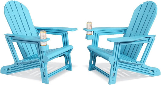 Adirondack Chairs Set of 2, Tool-Free Assembly All-Weather Plastic Adirondack Chairs, HDPE Fire Pit Chairs with Cup Holder, Outdoor Chair for Patio Garden（Lake Blue）