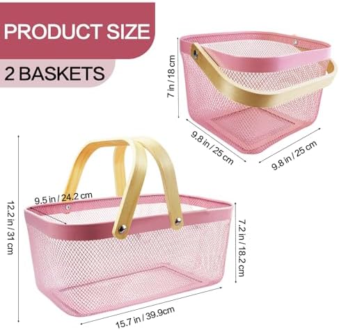 2 Pack Picnic Baskets, Metal Mesh Harvest Basket with Foldable Wooden Handle, Rectangle Garden Storage Basket Bin for Vegetable Fruit Garden Kitchen Cabinet Picking Gathering, Pink
