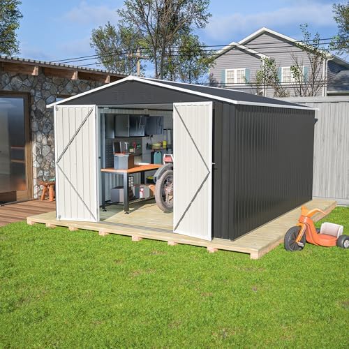Storage Shed 10x12 FT, Large Metal Tool Shed for Outdoor Storage, Galvanized Steel Garden Shed with Lockable Doors for Patio, Backyard, Lawn, Black
