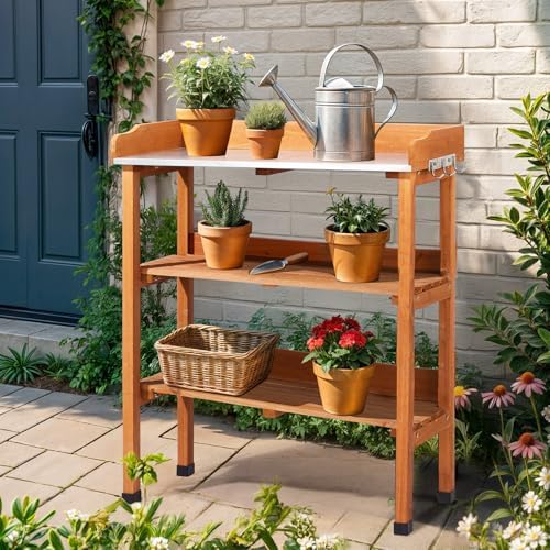 Outdoor Garden Potting Bench Table Work Bench with 2-Tier Storage Shelf, Metal Tabletop, 3 Hooks for Horticulture, Natural Wood