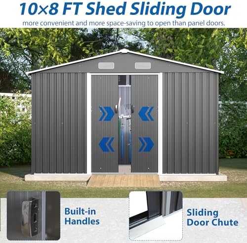 Storage Shed 10x8 FT, Large Metal Tool Shed for Outdoor Storage, Galvanized Steel Garden Shed with Lockable Sliding Doors for Patio, Backyard, Lawn, Grey