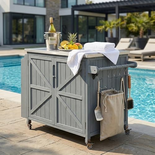 42.1" Outdoor Kitchen Island with Side Shelf,Patio Grill Cart with Storage,Stainless Steel Top, Adjustable Shelf and 4 Wheels,for Pizza Prep (Grey Blue-P)
