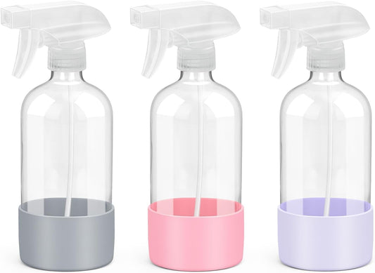 Glass Spray Bottles with Silicone Sleeve Protection, Empty 16 oz Refillable Containers, Reusable Spray Bottles for Hair, Cleaning Solutions, 3 Pack Grey&Pink&Purple
