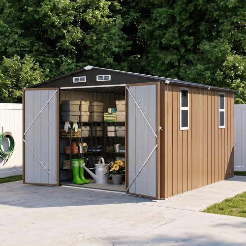 LAUSAINT HOME 10 x 10 FT Outdoor Storage Shed with Windows, Heavy Duty Galvanized Steel Storage Shed with Double Lockable Doors, Gable Roof & Air Vent for Backyard, Brown