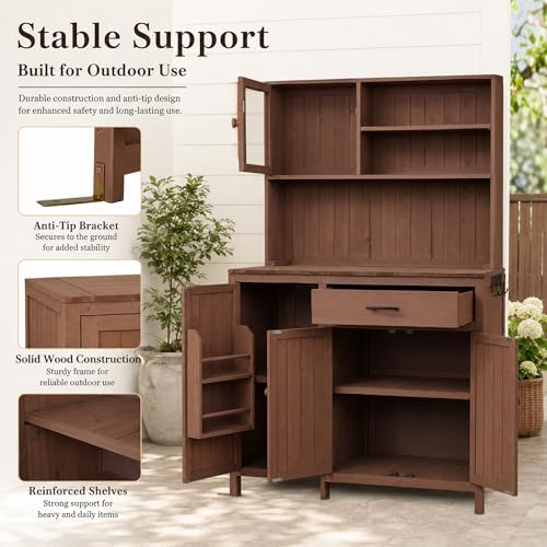 Potting Bench with Hutch, Solid Fir Wood Garden Workstation