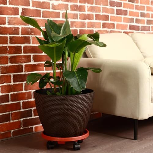 5 Pakcs Large Plant Caddy with Wheels 15.8" Rolling Plant Stands Heavy-duty Plastic Plant Roller Base Pot Movers Plant Saucer on Wheels Indoor Outdoor Plant Dolly with Caster Tray Coaster Red