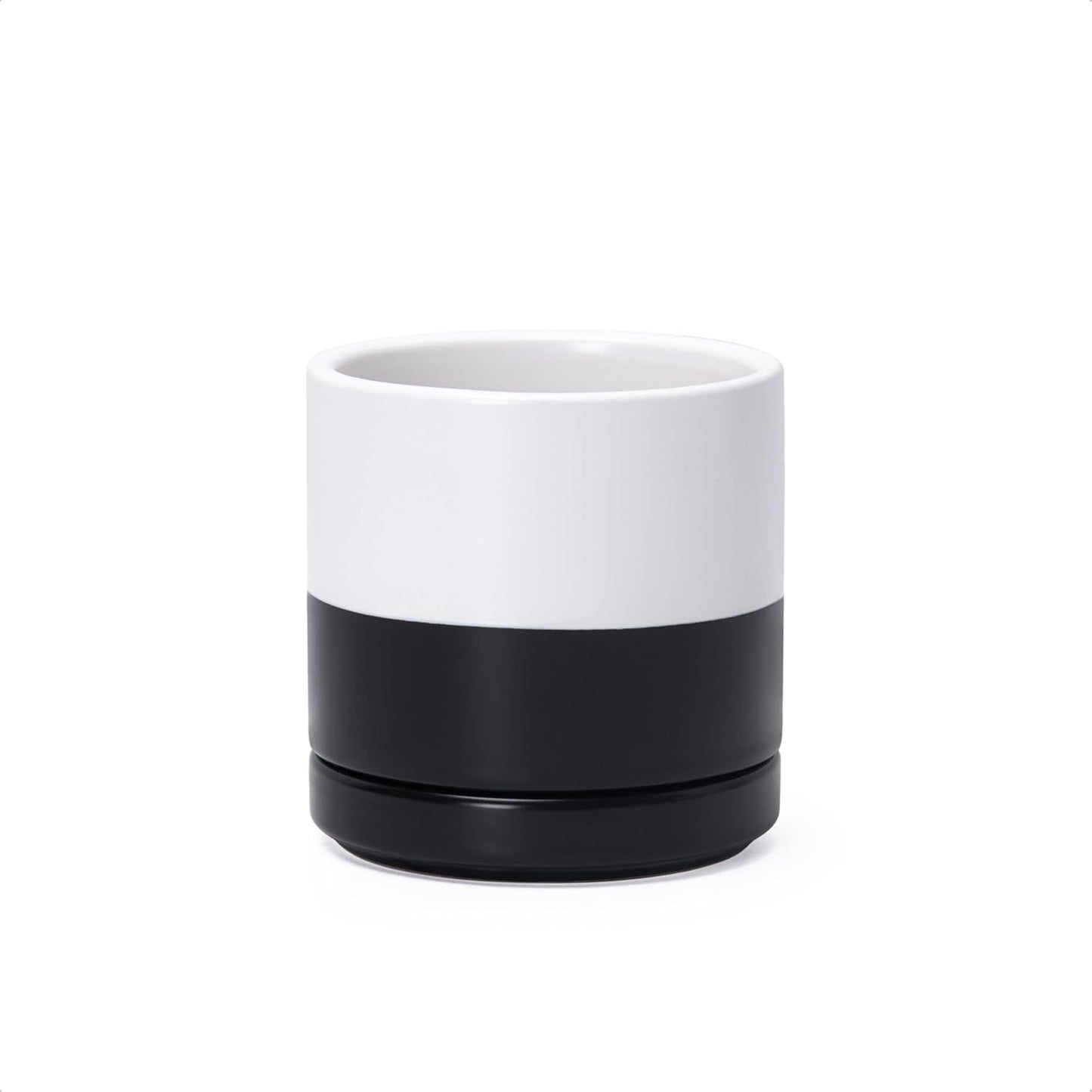 D'vine Dev 3.5 Inch Ceramic Planter Pot with Drainage Hole and Saucer, Indoor Cylinder Round Planter Pot, Layered Monochrome Black & White, 94-O-A-L
