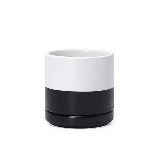 D'vine Dev 3.5 Inch Ceramic Planter Pot with Drainage Hole and Saucer, Indoor Cylinder Round Planter Pot, Layered Monochrome Black & White, 94-O-A-L