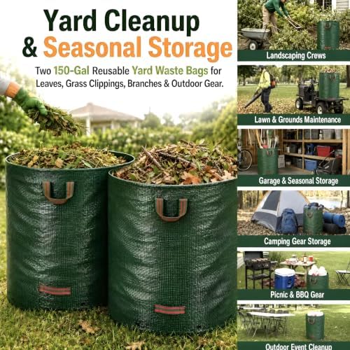 150 Gal Oversized Reusable Yard Waste Bags, 2-Pack, Leaf and Lawn Cleanup