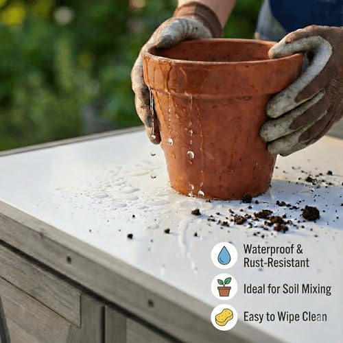 Potting Bench Outdoor Storage Cabinet with Waterproof Metal Top, Wooden Garden Work Station for Tools, Backyard Deck and Balcony Organizer, Outside Hutch, 36-Inch Tall Shed, Gray