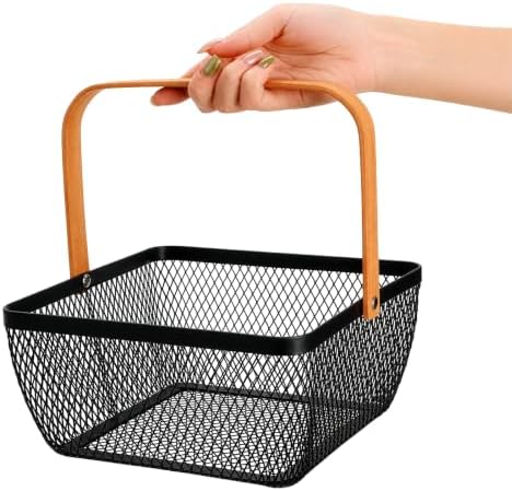 Tebery 2 Pcs Small Wire Mesh Basket with Handle, Metal Fruit Storage Organizer Bin, Grocery Shopping Harvest Market Baskets for Kitchen Counter, Pantry, Picnic, Bathroom, Black