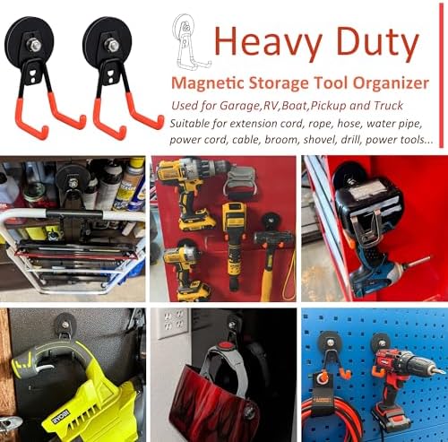 Uni-Mag Heavy Duty Magnetic Garage Hook,10 Pack Strong Large Magnet Hooks for Power Drill,Garden Tools,Hose,Pegboard,Garage, Workshop,Magnetic Storage Hooks for Indoor Outdoor (Orange)