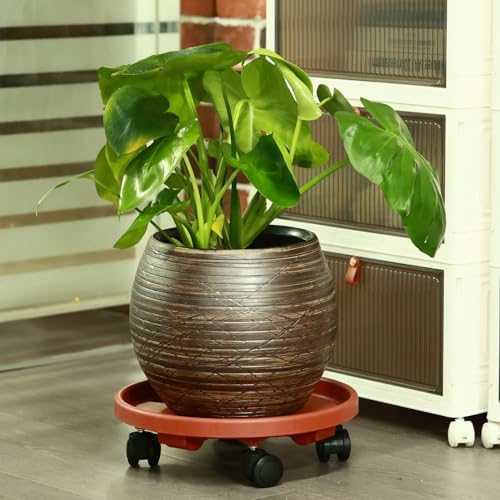 5 Pakcs Large Plant Caddy with Wheels 15.8" Rolling Plant Stands Heavy-duty Plastic Plant Roller Base Pot Movers Plant Saucer on Wheels Indoor Outdoor Plant Dolly with Caster Tray Coaster Red