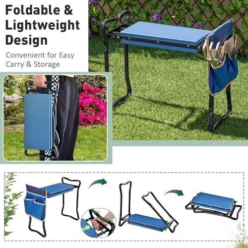 GIANTEX Garden Kneeler & Seat, Heavy-Duty Garden Bench, Blue with 1 Bag