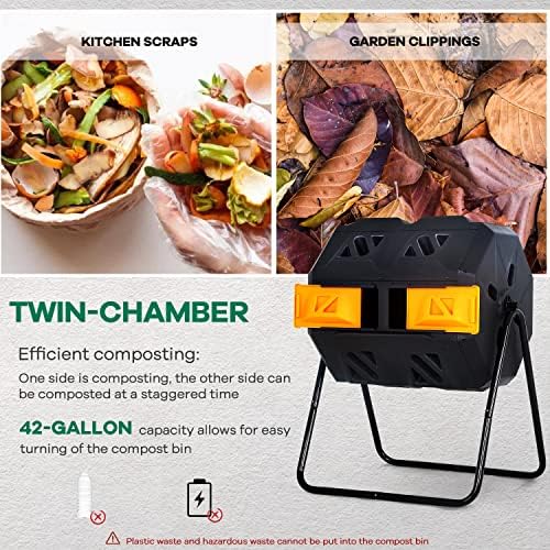 Compost Bin,Outdoor Compost Tumbler 42 Gallon Composter BPA Free Dual Chamber Composting Rotating for Garden Yard Orange