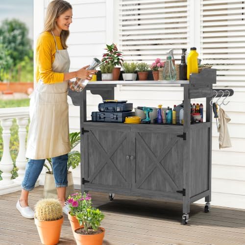 YITAHOME Rolling Potting Bench Outdoor Storage Cabinet, Lockable Wheels