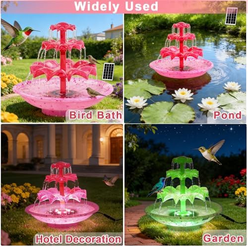 Yeomi Red 3-Tier Solar Fountain Pump with LED Lights, 24H Outdoor Water Feature, Detachable Design, Multi-Function Bird Bath Fountain for Garden Patio Yard Backyard Pond, 3.5W