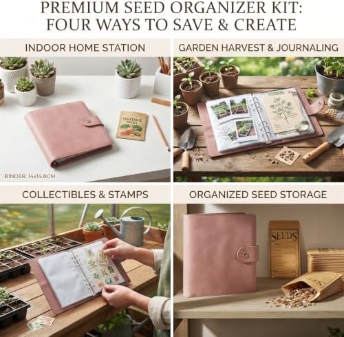 Seed Storage Organizer Binder, Efficient Seed Packet Organizer with 50 Pack Seed Envelopes, PU Garden Seed Holder Book, Seed Binder for Garden Planner, Flower Seed Keeper (Pink)