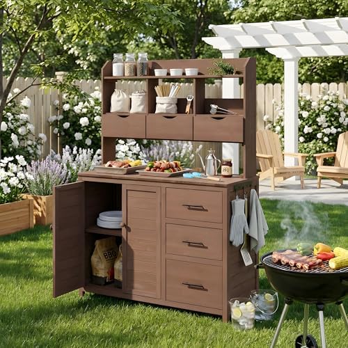 Farmhouse Patio Potting Bench 44.6''x19.5'' Large Freestanding Garden Workstation, Outdoor Kitchen Island with 6 Drawers, Bottom Cabinet & Side Hook, Fir Wood Anti-Tipping Stability (Brown 4)