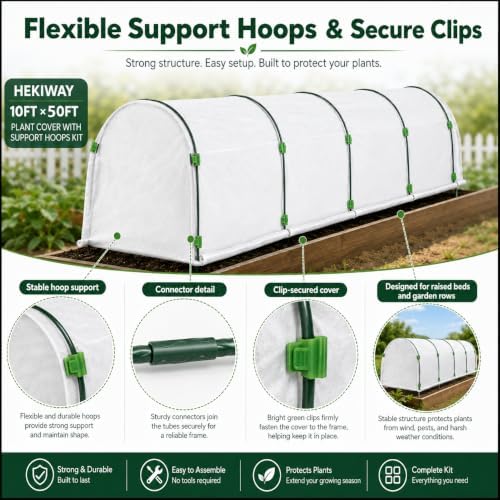 10 FT x 50 FT Frost Cloth Kit with 7 Garden Hoops