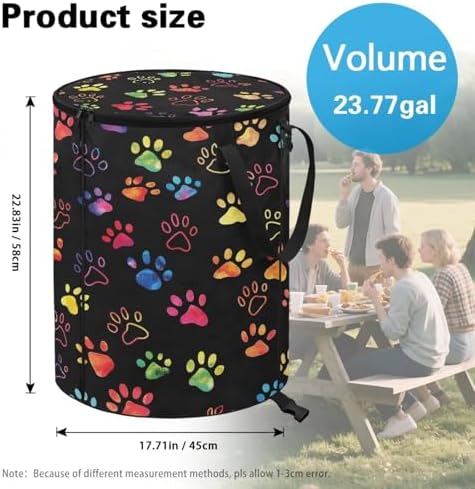 24 Gallon Collapsible Trash Can with Lid and Handles for Outdoor Camping Colorful Animal Paws Print Reusable Garbage Bin Garden Leaf Bin Home and Yard Waster Bag