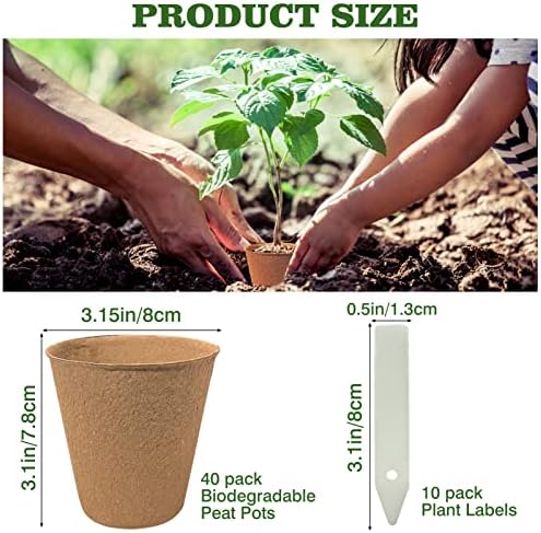 40Pcs 3.15 Inch Peat Pots, Biodegradable Eco-Friendly Round Plant Seedling Starters Kit, Seed Germination Trays with 10 Labels for Flower Vegetable Tomato Saplings & Herb Germination, Khaki