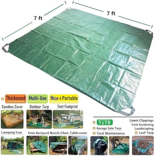 7x7 Ft Yard Garden Leaf Tarp W/ 4 Handles Waterproof Tarp for Sandbox Cover,Outdoor Tarpaulin,Lawn Debris,Landscape Pruning,Leaf Hauler,Tent Footprint,Camping Tent Mat,Patio Table,Yard Fire Pit Cover