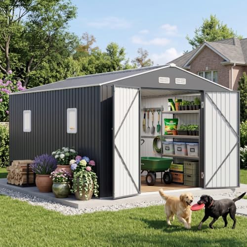 Outdoor Storage Shed 10x12 FT Reinforced Frame Metal Shed with Clear Roof, Air Vent & Lockable Door Large Garden Sheds for Backyard, Patio
