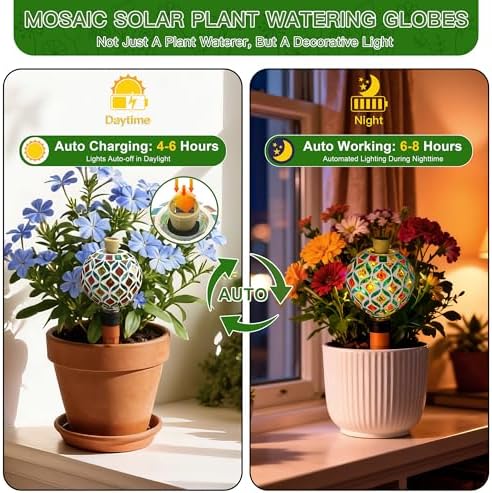 VOREEN Mosaic Glass Plant Watering Globe with Solar Light, 17 oz, Gourd Art