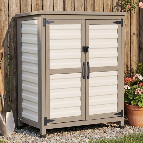 Small Outdoor Storage Cabinet with Shelf,White Wood & Plastic Storage Shed with Waterproof Roof for Backyard, Patio,Garage, Outside Cabinets for Gardening Tools