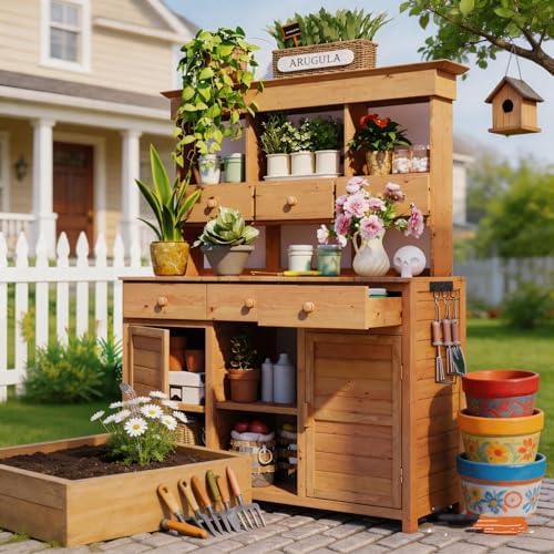 Solid Fir Wood Potting Bench with Hutch, Outdoor Garden Workstation Table with Shelves and Drawers, Wooden Planting Table with Cabinets & Side Hooks for Mudroom,Doorway, Natural